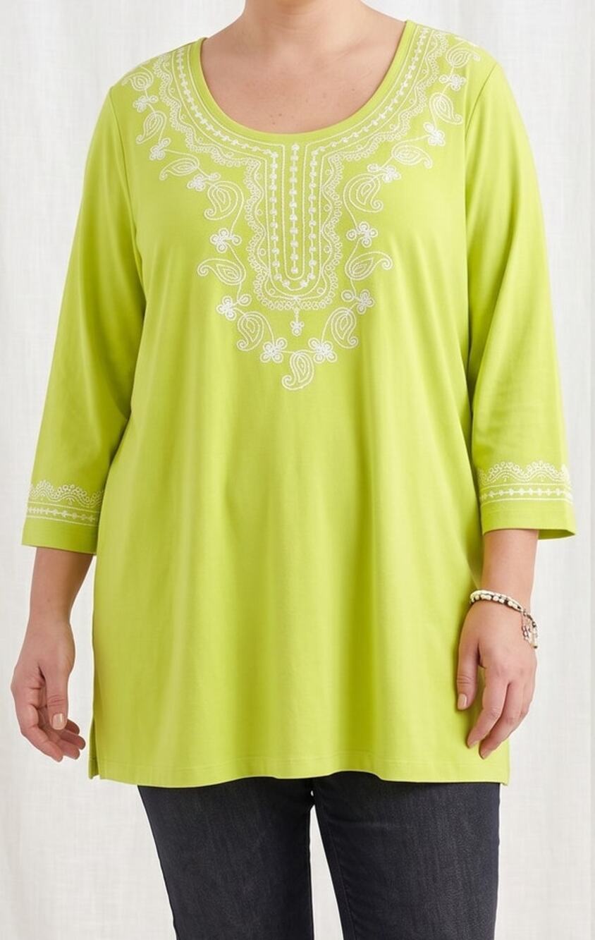 Woman Within 1X 22 24 Lime Green with White Embroidery Tunic 3/4 Sleeve